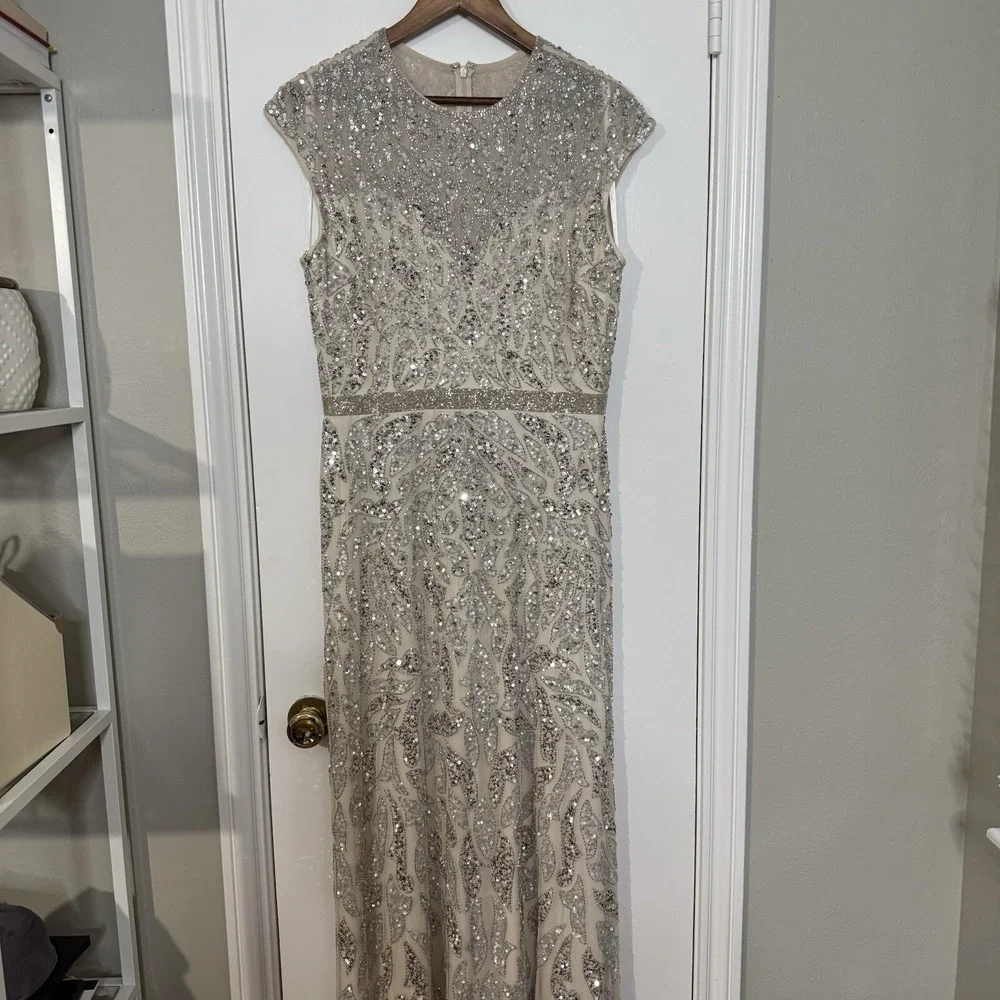 Mac Duggal Nude Silver Illusion Sheer Cap Sleeve Bead Sequin Belted Modest 5532 - Picture 4 of 16